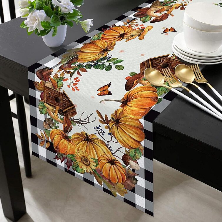 Fall Table Runner Pumpkins Runners For Dining Table Buffalo Plaid Leaves  Plant Seasonal Decoration For Thanksgiving Home Party 13 X 70 Inches